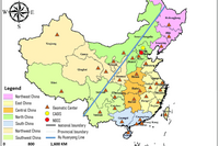 Abb. 1: Lage der Geomatic Center, NGCC und CAGIS auf regionaler und Provinzebene (https://www.researchgate.net/figure/Locations-of-provinces-and-regions-in-China_fig1_353504755, 14.02.2023)