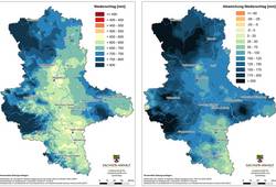 Abb. 2: Niederschlagssummen in Sachsen-Anhalt ab Beginn des hydrologischen Jahres (November 2023 bis Oktober 2024) mit Abweichung vom langjährigen Mittel (1991 bis 2020)