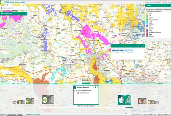 Abb. 2: Auszug des INSPIRE-Viewers Sachsen-Anhalt mit der Darstellung der INSPIRE-Datenebene Mineralische Bodenschätze - Oberflächennahe Rohstoffe (https://www.lvermgeo.sachsen-anhalt.de/de/inspire-viewer-st.html, 08.02.2022)