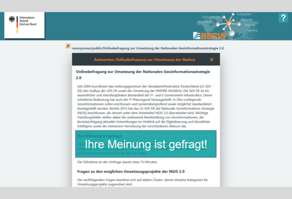 Abb. 1: Onlinebefragung zur Umsetzung der NGIS 2.0 (https://bscw.bund.de/pub/bscw.cgi/259469886, 26.01.2024) © Birgit Kohlenbach Abb. 1: Onlinebefragung zur Umsetzung der NGIS 2.0 (https://bscw.bund.de/pub/bscw.cgi/259469886, 26.01.2024)