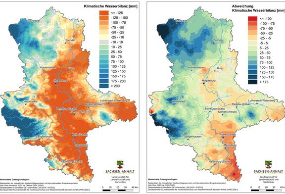 Abb. 1: Klimatische Wasserbilanz in Sachsen-Anhalt ab Beginn des hydrologischen Jahres (November 2023 bis Oktober 2024) mit Abweichung vom langjährigen Mittel (1991 bis 2020)