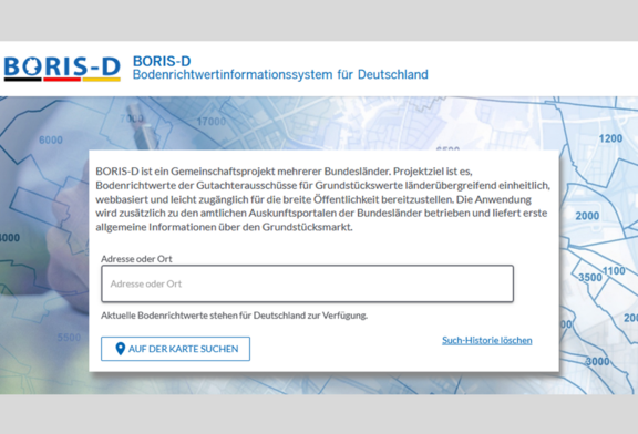 Abb. 1: BORIS-D Bodenrichtwertinformationssystem für Deutschland - Startseite (https://www.bodenrichtwerte-boris.de, 12.08.2025) Abb. 1: BORIS-D Bodenrichtwertinformationssystem für Deutschland - Startseite (https://www.bodenrichtwerte-boris.de, 12.08.2025)