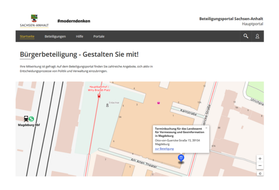 Abb. 1: Startseite Beteiligungsportal Sachsen-Anhalt (https://beteiligung.sachsen-anhalt.de/portal/hauptportal/startseite, 05.08.2025) Abb. 1: Startseite Beteiligungsportal Sachsen-Anhalt (https://beteiligung.sachsen-anhalt.de/portal/hauptportal/startseite, 05.08.2025)