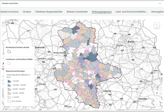 Abb. 3: StoryMap „Grundstücksmarktinformationen 2025 – Umsätze und Preise“ Webkarte mit Auswertung des Wohnungseigentums (https://lsaurl.de/Grundstuecksmarktinformationen, 29.08.2025) Abb. 3: StoryMap „Grundstücksmarktinformationen 2025 – Umsätze und Preise“ Webkarte mit Auswertung des Wohnungseigentums (https://lsaurl.de/Grundstuecksmarktinformationen, 29.08.2025)