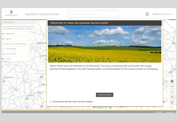 Abb. 1: Startseite Agraratlas Sachsen-Anhalt (https://www.geodatenportal.sachsen-anhalt.de/mapapps/resources/apps/agraratlas/index.html?lang=de, 10.02.2026) Abb. 1: Startseite Agraratlas Sachsen-Anhalt (https://www.geodatenportal.sachsen-anhalt.de/mapapps/resources/apps/agraratlas/index.html?lang=de, 10.02.2026)
