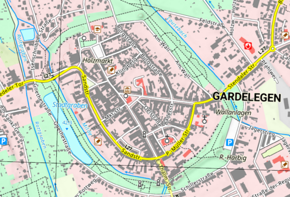 topographischer Kartenblattausschnitt im Maßstab 1:10 000 der Stadt Gardelegen © GeoBasis-DE / BGK (2026) dl-de/by-2-0 basemap.de Präsentationsausgabe 1:10 000 Gardelegen