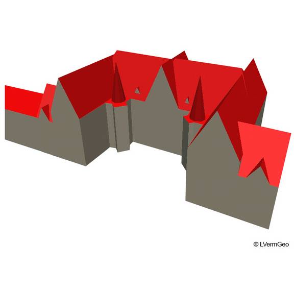 LoD2 - Gebäude mit standardisierter Dachform und Ausrichtung entsprechend tatsächlichem Firstverlauf 